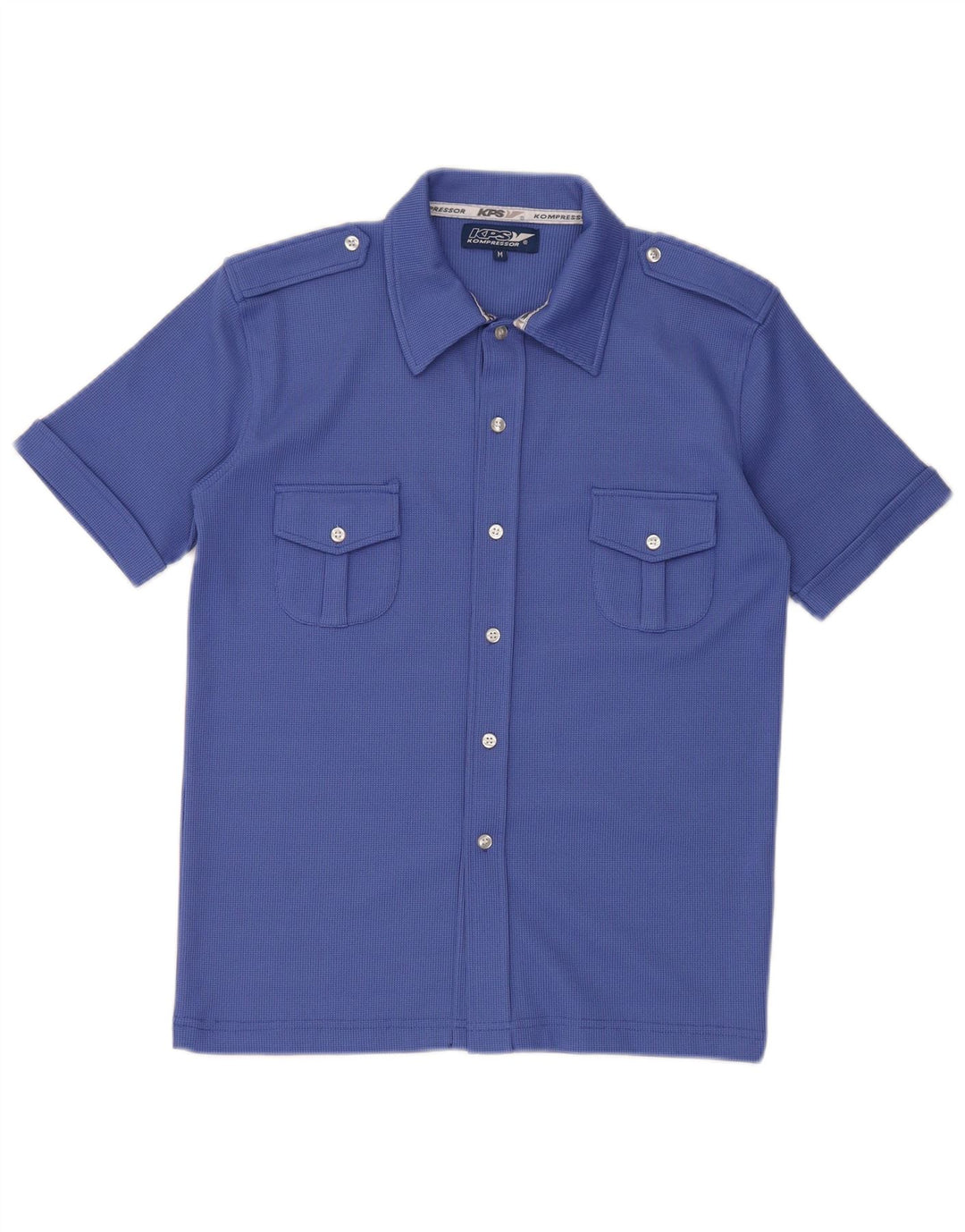 Vintage kortærmet militærskjorte til mænd mellemblå polyester