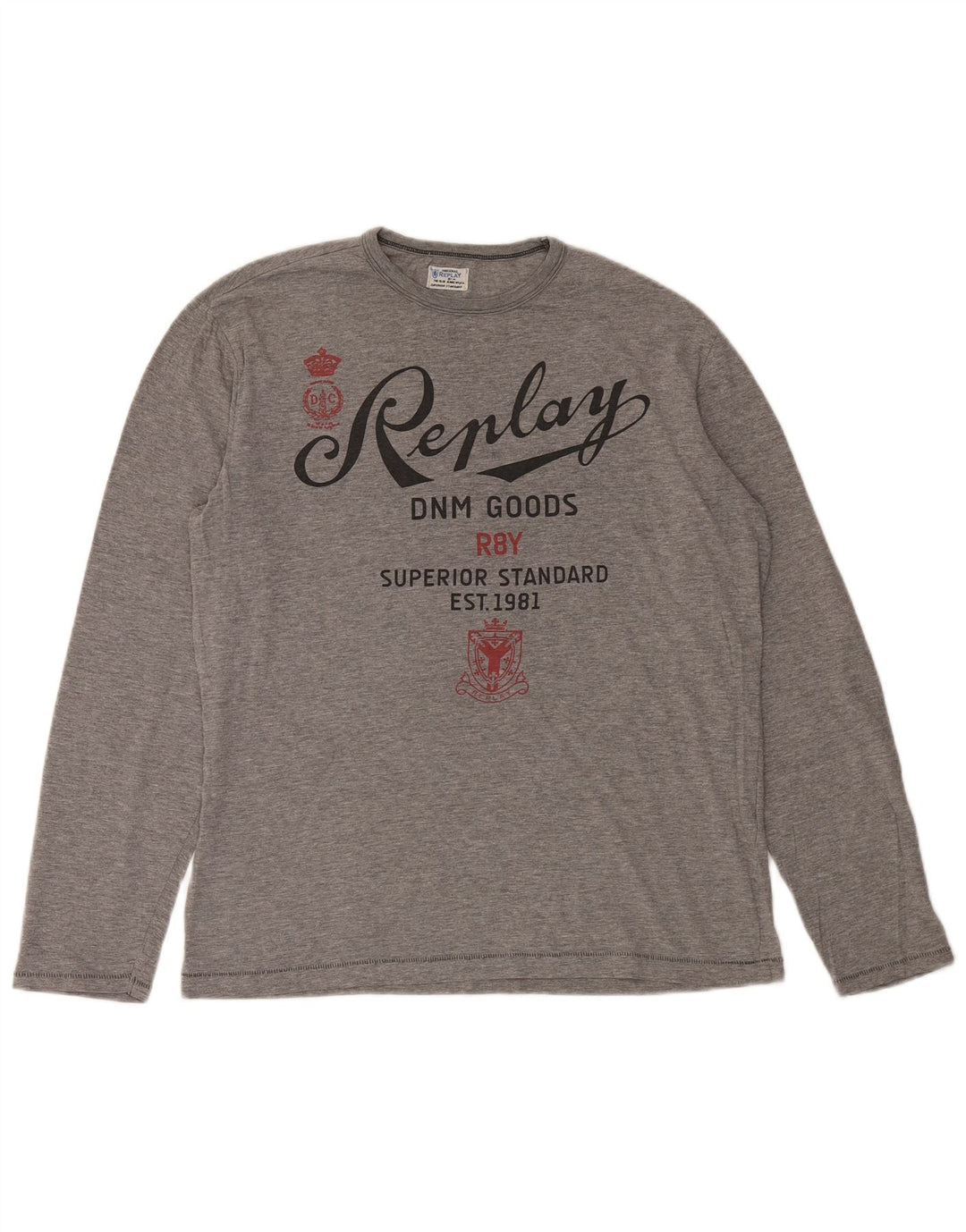 REPLAY Mens Graphic Top Long Sleeve Large Grey Cotton