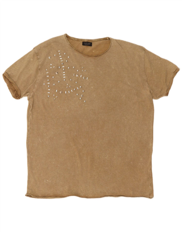 Zara Herre T-Shirt Top XL Beige Flecked Polyester