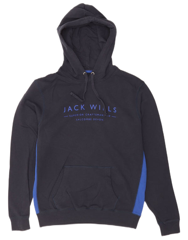 Jack Wills Mens Graphic Hoodie Jumper Small Navy Blue Colourblock Cotton