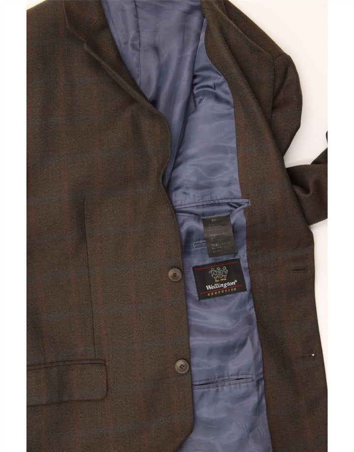 WELLINGTON Mens 2 Button Blazer Jacket UK 42 XL Brown Check Polyester Vintage Wellington and Second-Hand Wellington from Messina Hembry 
