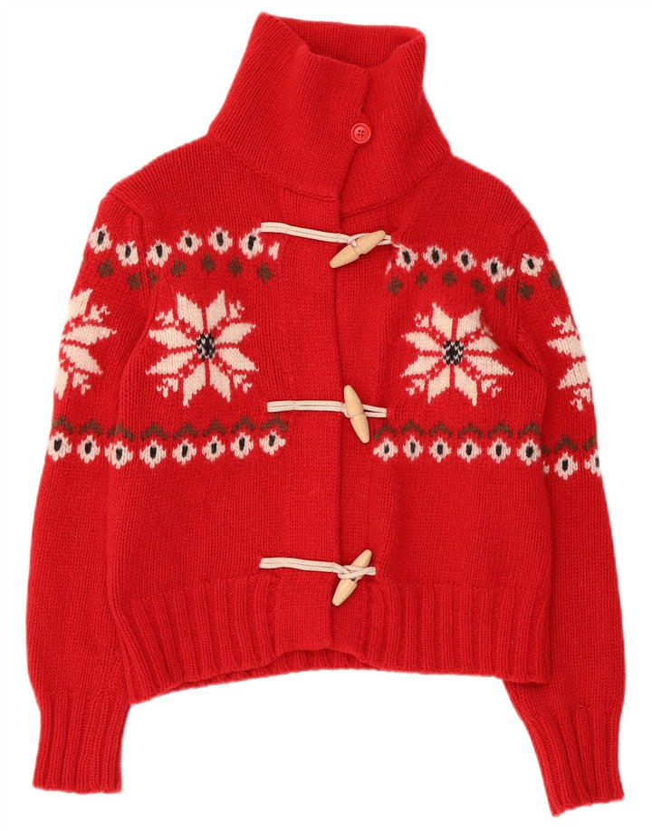 BENETTON Womens Crop Cardigan Sweater UK 10 Small Red Fair Isle