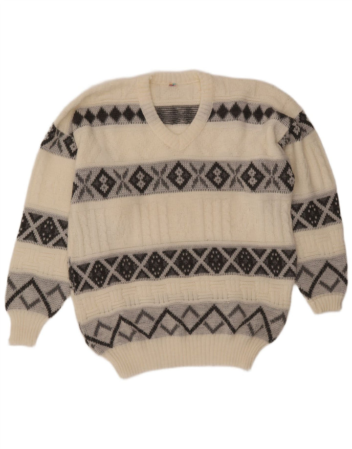 VINTAGE Herre V-hals sweater Large Off White Fair Isle