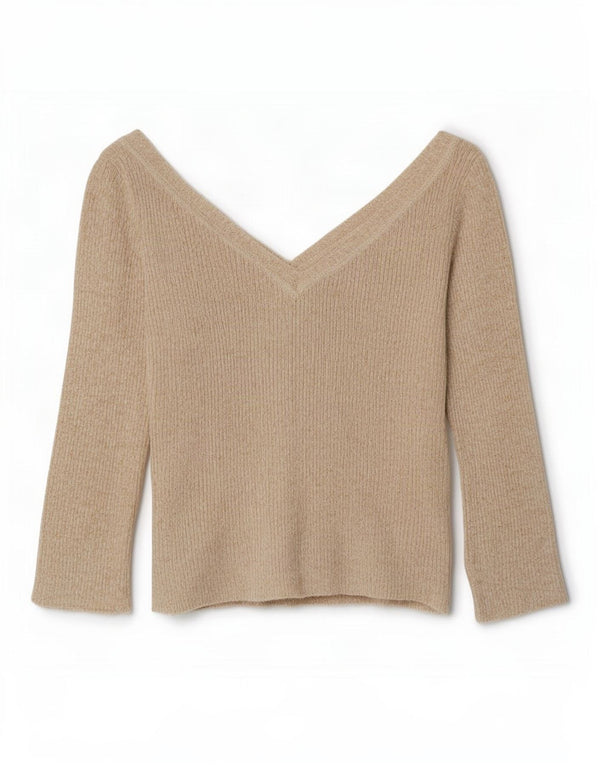 Zara Womens Crop 3/4-ærmet V-hals sweater UK 14 Large Beige Flecked