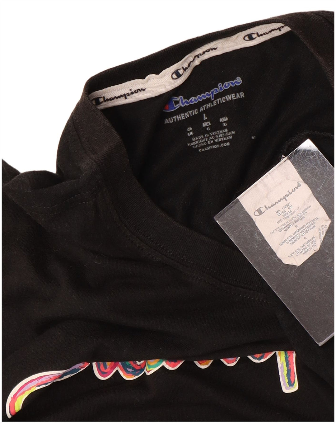 CHAMPION Dame Grafisk T-Shirt Top UK 16 Stor Sort Bomuld