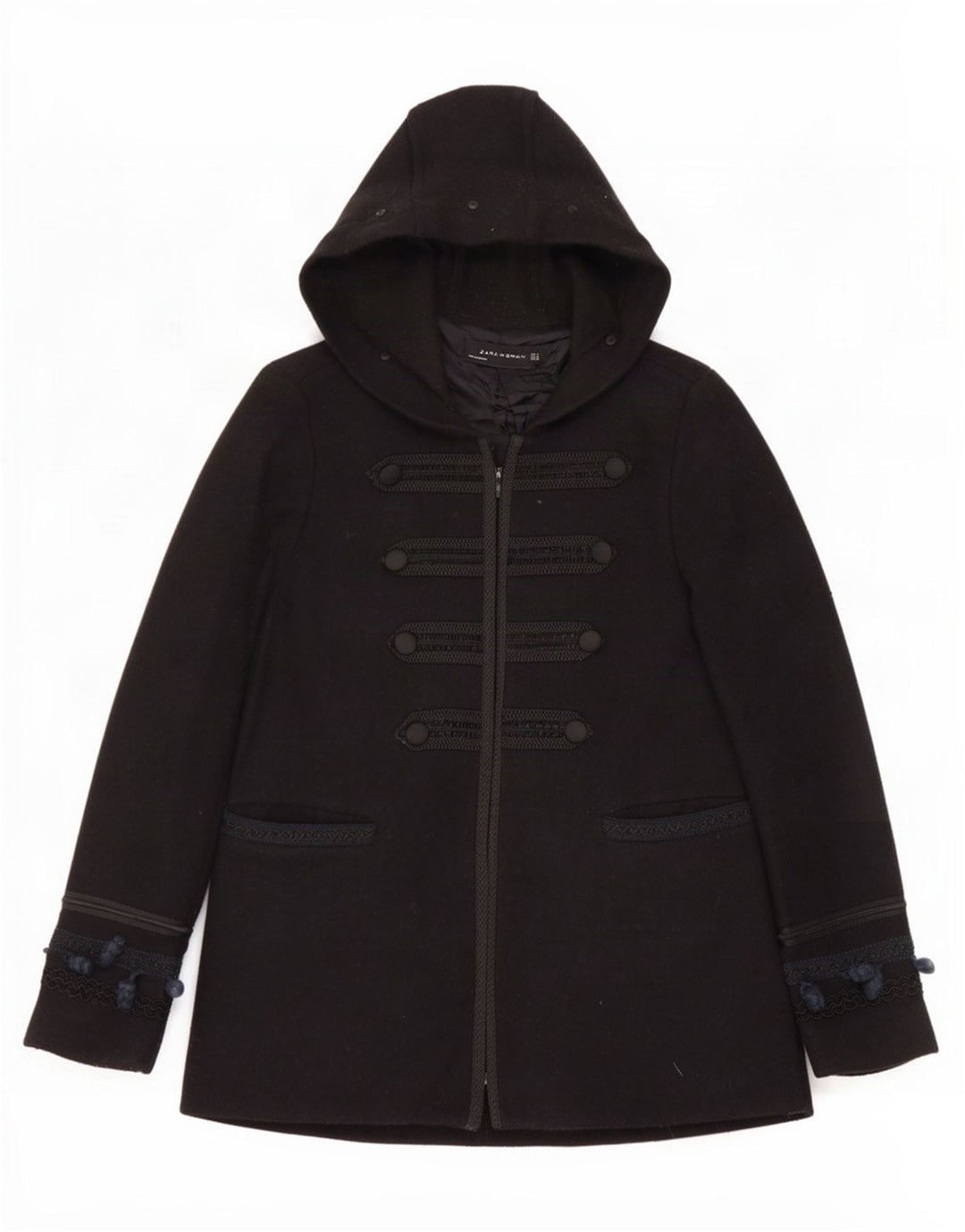 Zara Dame Hooded Bomber Jacket UK 14 Medium Black Wool