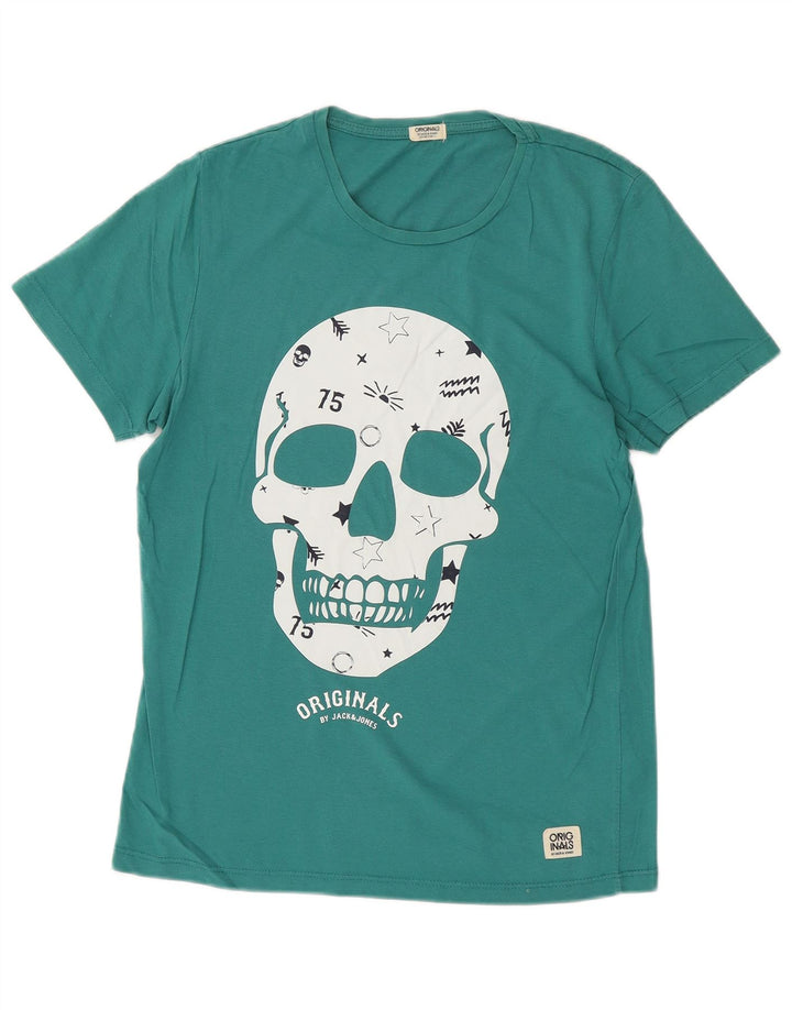 JACK & JONES Mens Graphic T-Shirt Top Small Turquoise Cotton