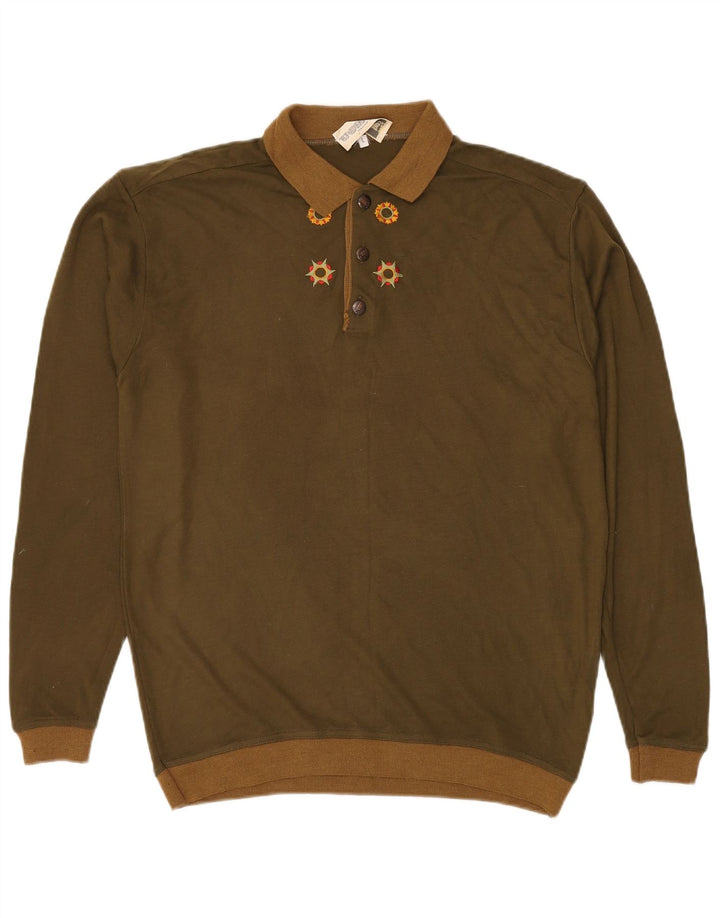 VINTAGE Herre Polo Neck Jumper Sweater Stor Khaki Akryl