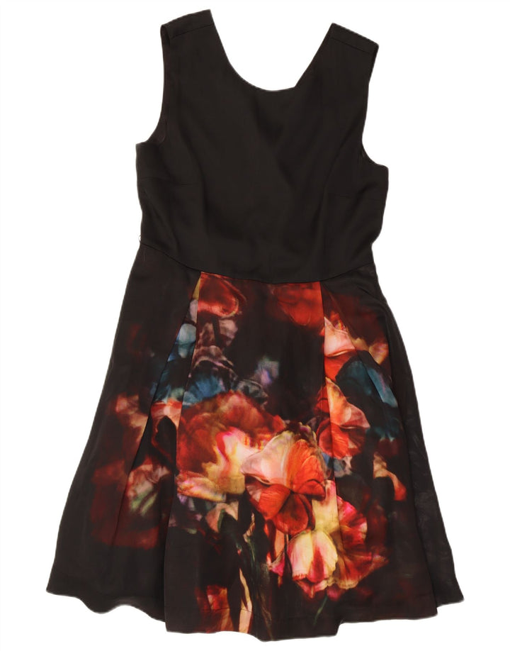 Ted Baker Dame Ærmeløs A-Line Kjole Størrelse 3 Medium Sort Blomster