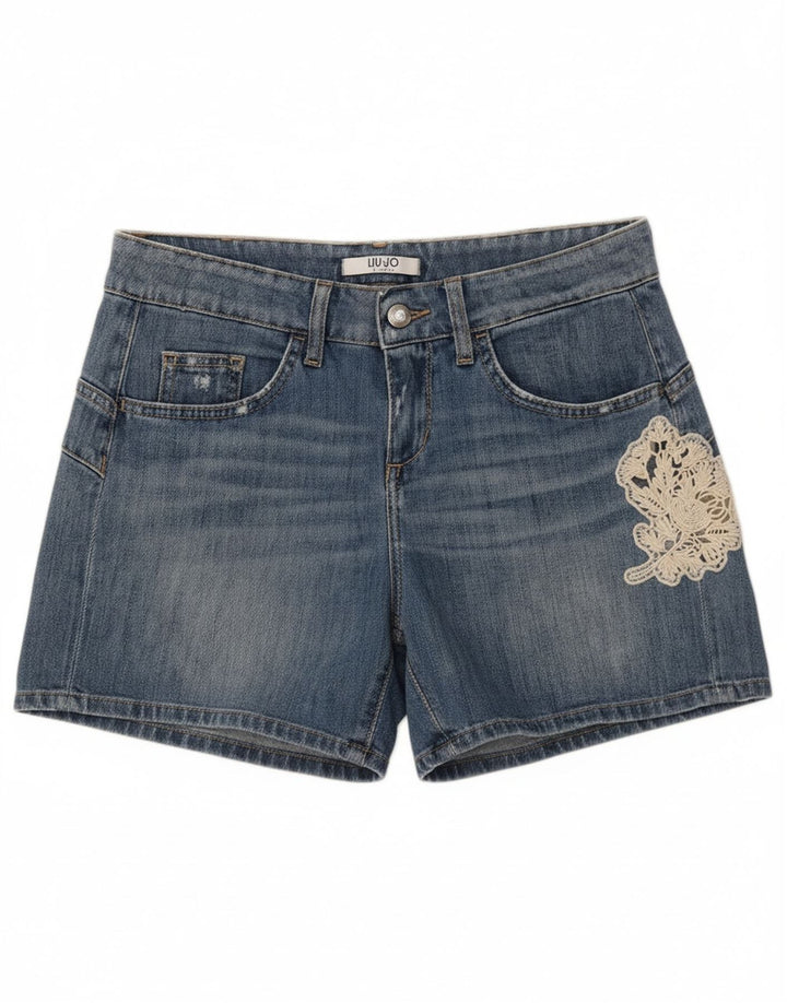 LIU JO Womens Denim Shorts W27 Small Blue Floral Cotton