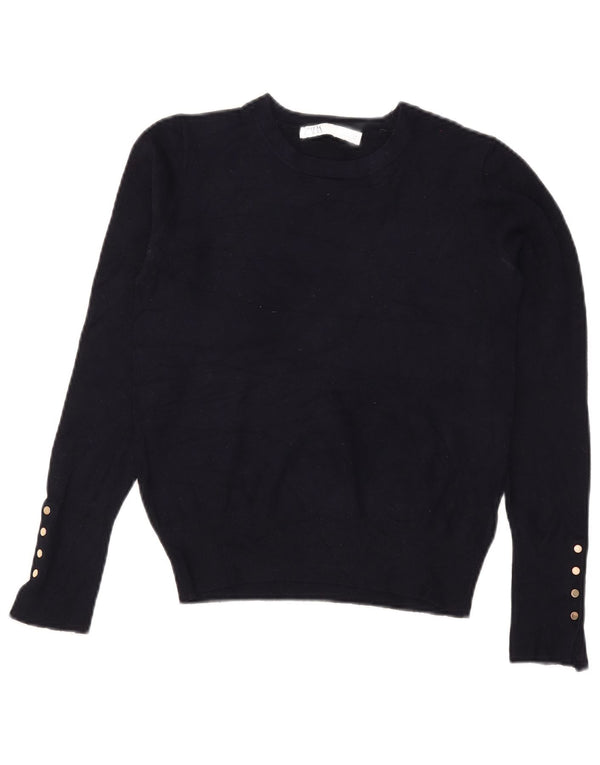 Zara Womens Crop Boat Neck Jumper Sweater UK 10 Small Navy Blue Viscose