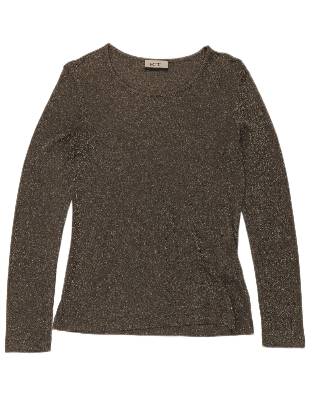 VINTAGE Dame Top Langærmet UK 12 Medium Grøn Flecked Viscose