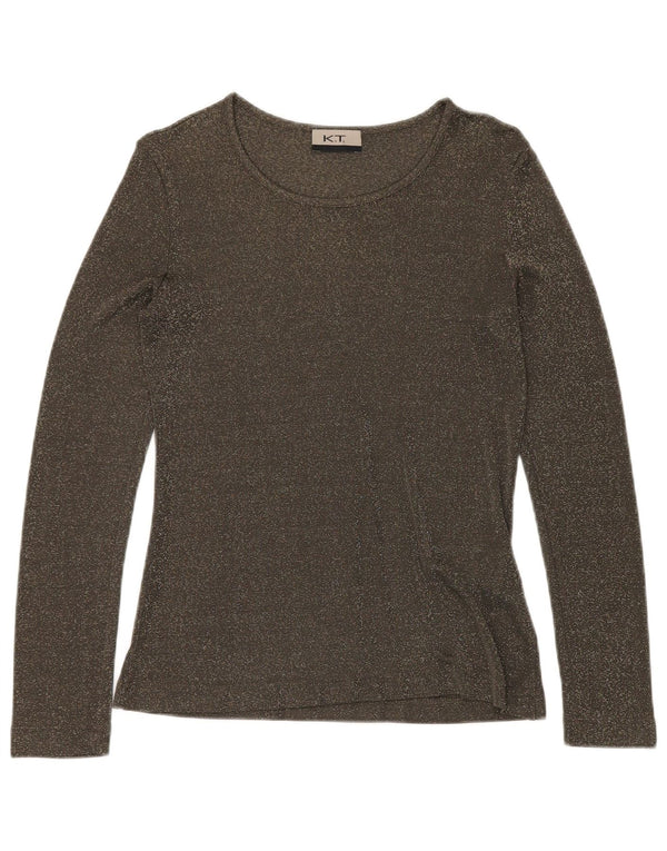 VINTAGE Dame Top Langærmet UK 12 Medium Grøn Flecked Viscose