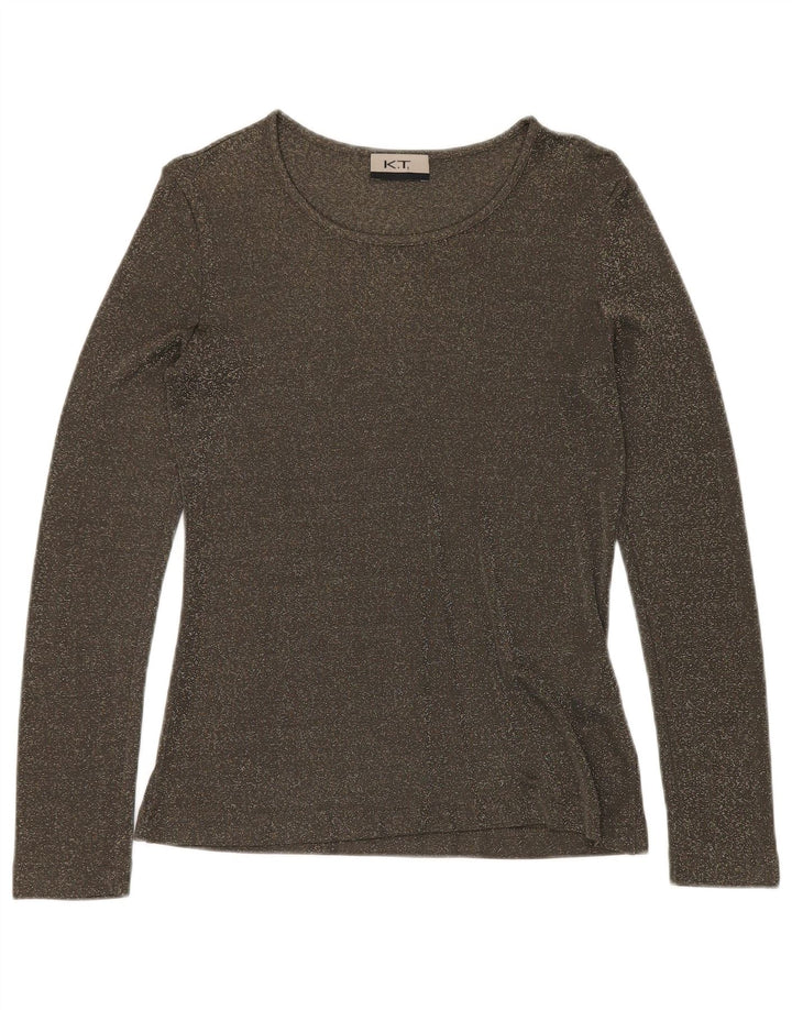 VINTAGE Dame Top Langærmet UK 12 Medium Grøn Flecked Viscose