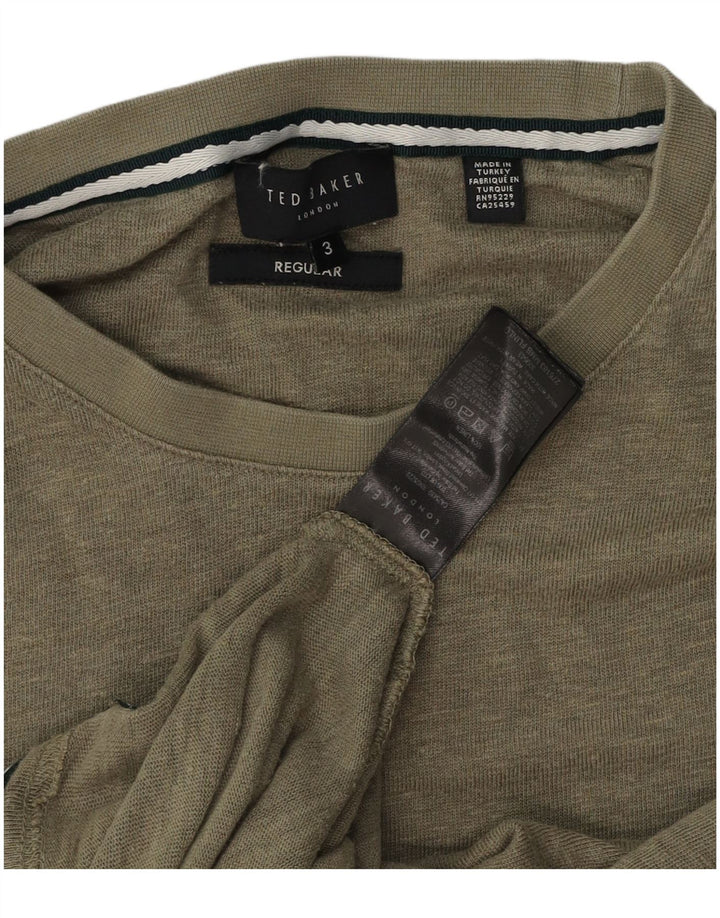 Ted Baker Herre Regular T-Shirt Top Størrelse 3 Medium Khaki Linen