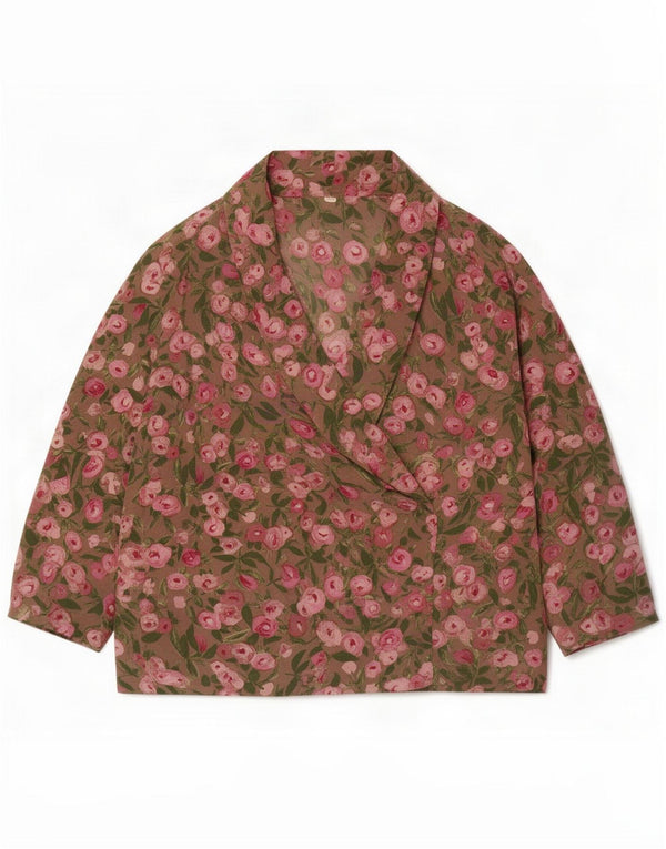Vintage Dame Langærmet Bluse Top UK 18 XL Khaki Floral