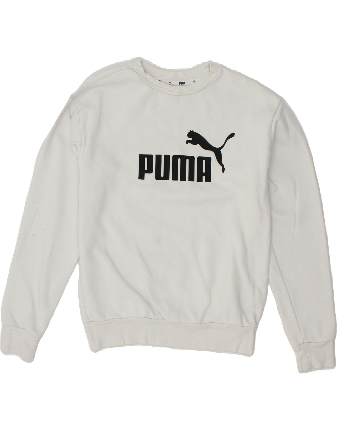 PUMA Womens Oversized Graphic Sweatshirt Jumper UK 2 2XS White Cotton Vintage Puma and Second-Hand Puma from Messina Hembry 