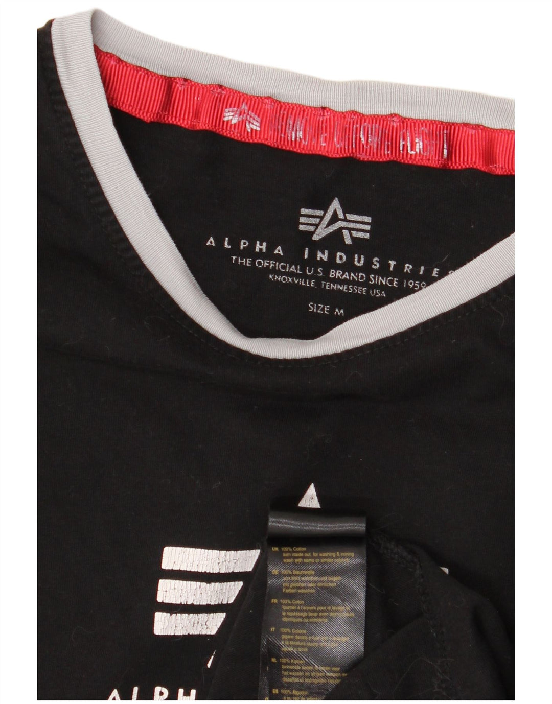 ALPHA INDUSTRIES Dame grafisk T-shirt Top UK 14 Medium Sort Bomuld