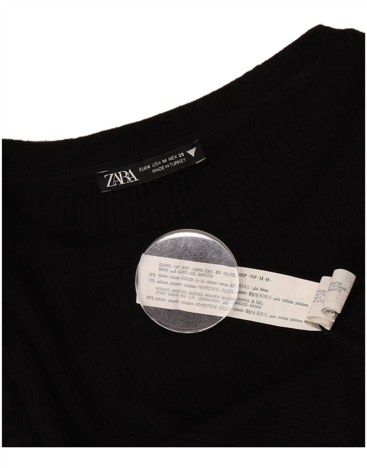 Zara Womens Crop Langærmet Bluse Top UK 12 Medium Black Viscose