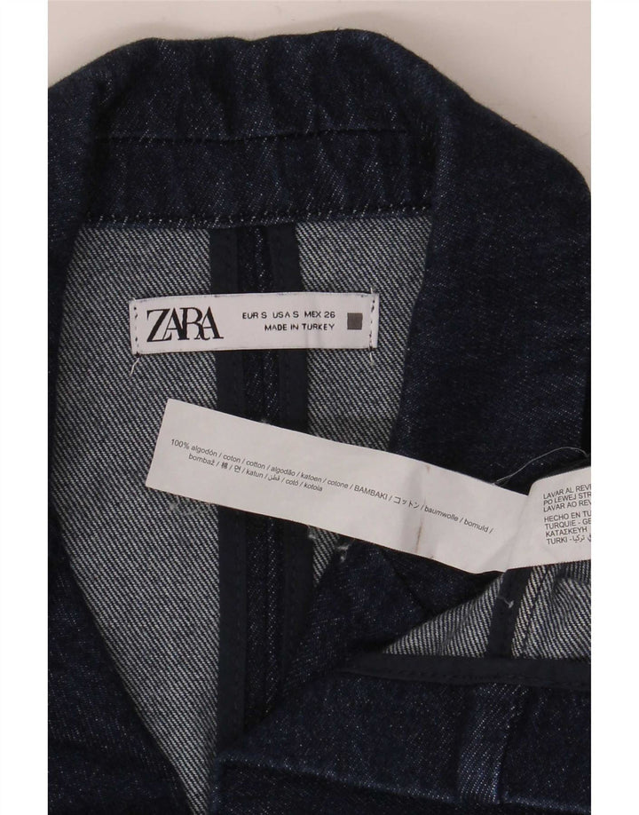 Zara Womens Crop Double Breasted Denim Blazer Jacket UK 10 Small Navy Blue
