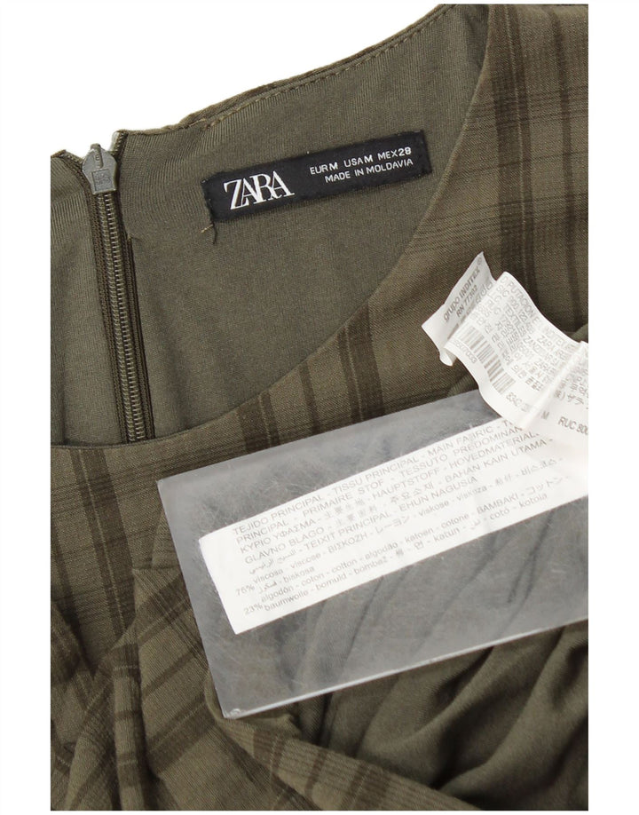 Zara Dame 3/4 Ærm Shift Dress UK 12 Medium Khaki Ternet viskose