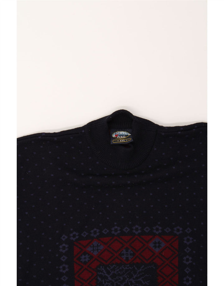 NORTH POLE Herre Turtle Neck Jumper Sweater 2XL Navy Blue Fair Isle Wool