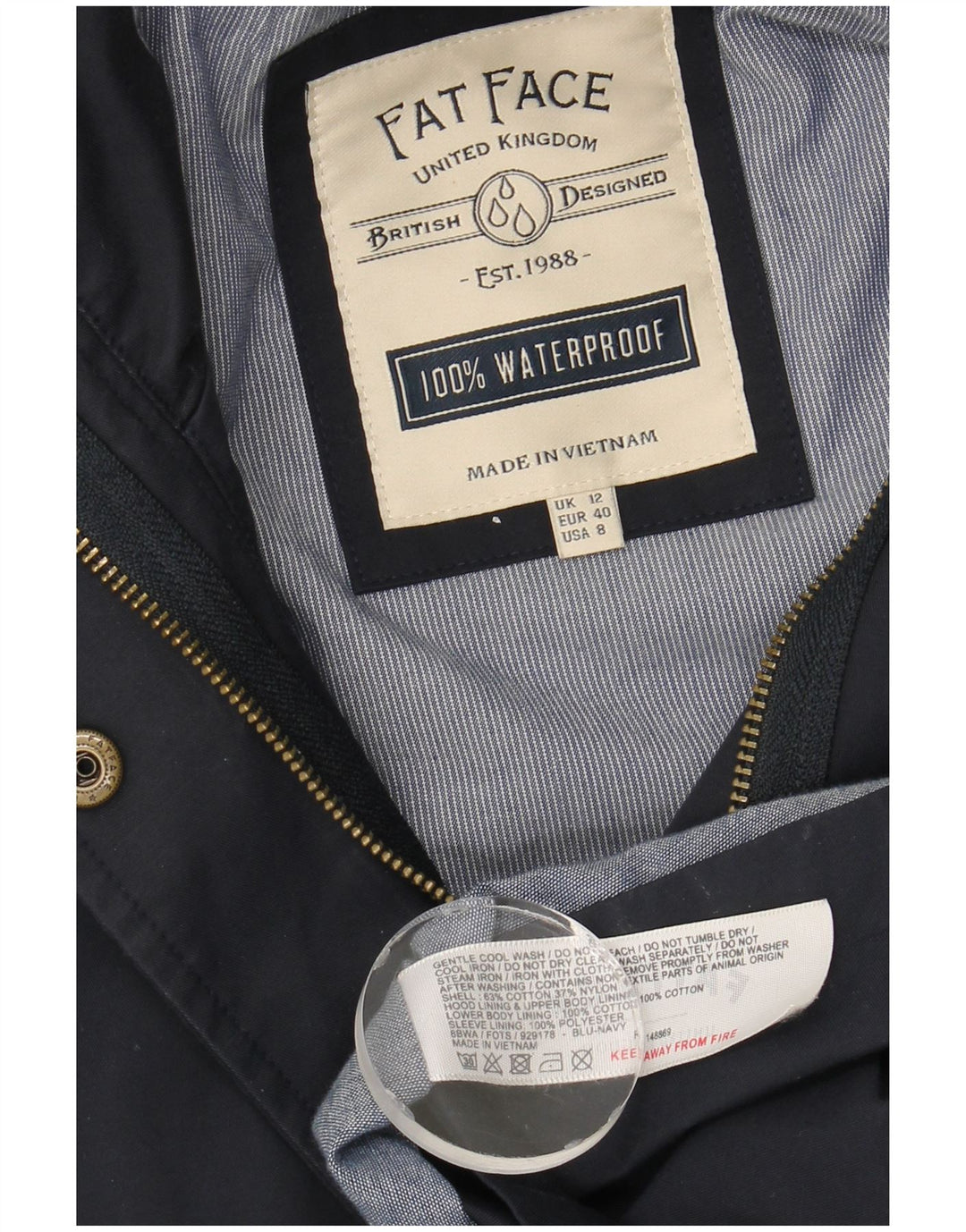 Fat Face Dame Hætte Regnjakke UK 12 Medium Navy Blue Bomuld