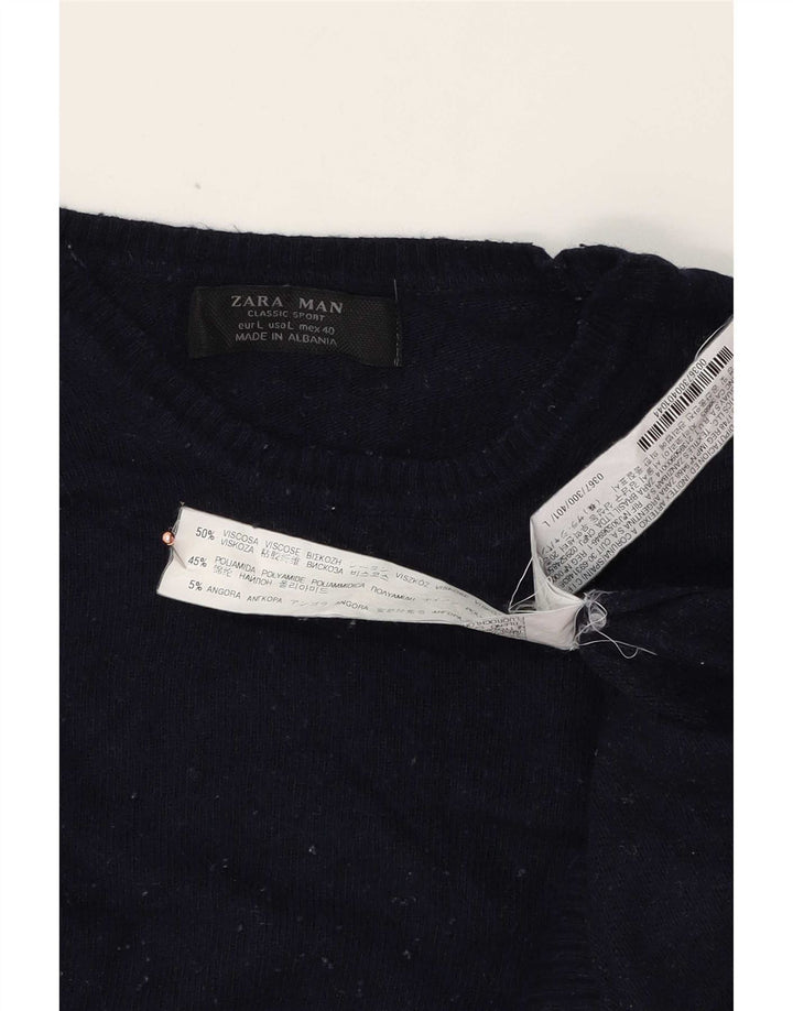 Zara Herre Crew Neck trøje Sweater Large Navy Blue Viscose
