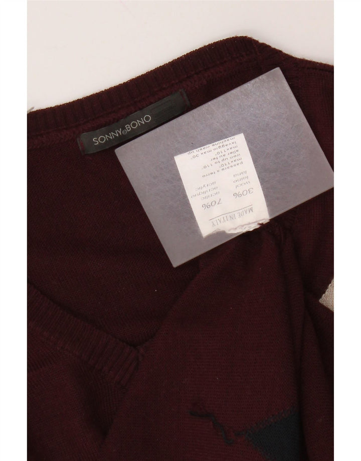 Sonny Bono Herre V-hals sweater Medium Burgundy Argyle/Diamond Wool