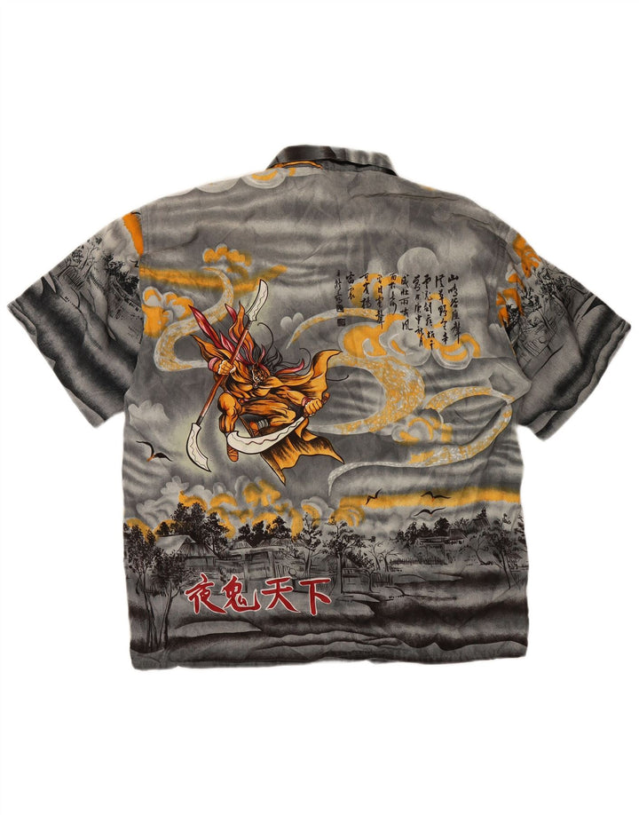 VINTAGE Herre grafisk kortærmet skjorte mellemgrå silke