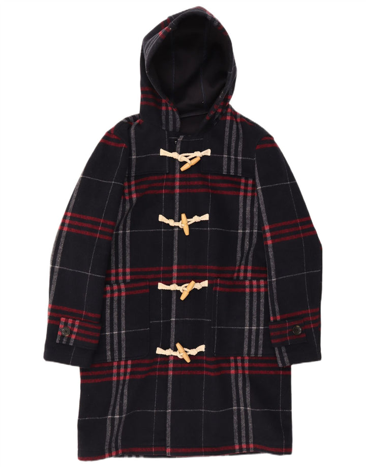 Zara Herre Hooded Duffle Coat UK 36 Small Navy Blue Check Polyester