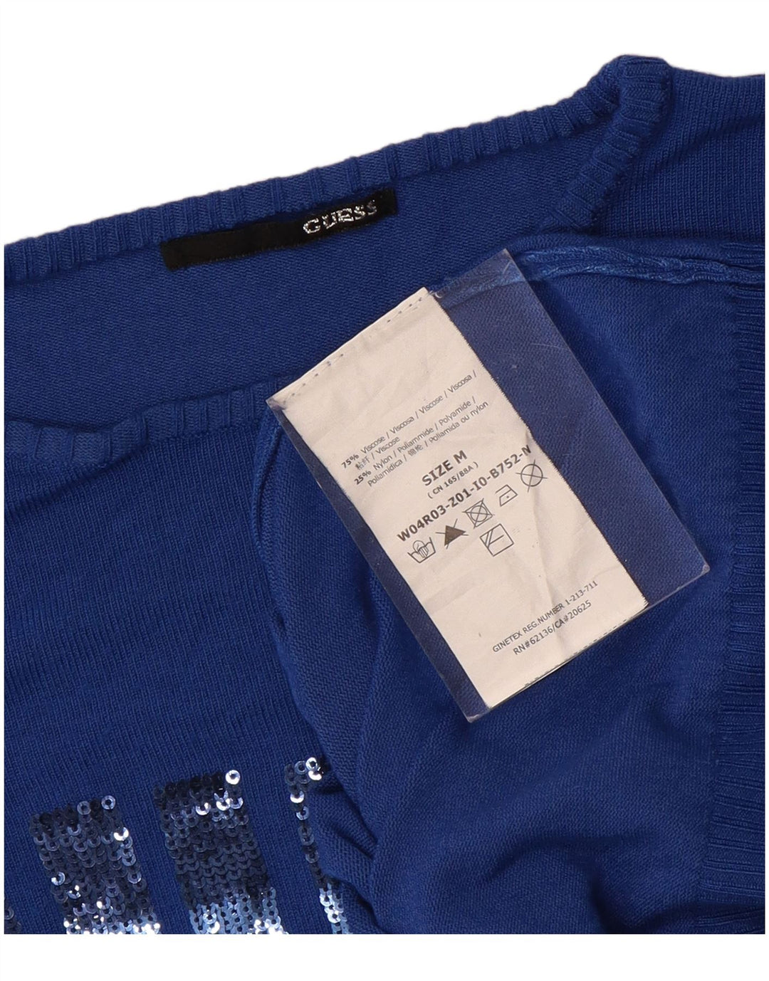 GUESS Dame grafisk bådhals sweater UK 12 Medium Blue Viscose