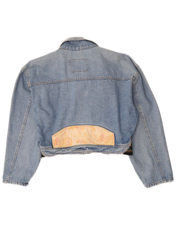 Vintage Dame Crop Open Denim Jakke IT 46 Stor Blå Paisley Bomuld