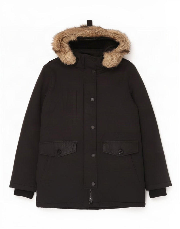 Superdry Parkajakke med hætte til kvinder UK 12 Medium Sort Nylon