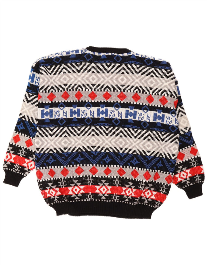 Vintage herre rund hals sweater stor flerfarvet geometrisk uld