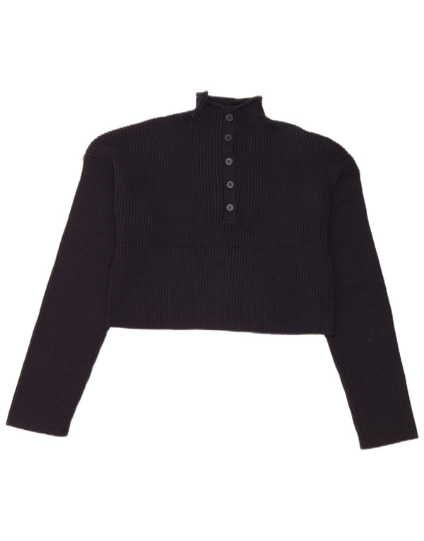 Zara Womens Crop Button Neck Jumper Sweater UK 14 Large Navy Blue Cotton