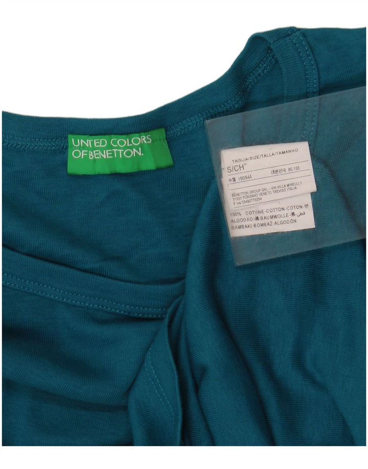 BENETTON Dame Grafisk Top Langærmet UK 10 Lille Blå Bomuld