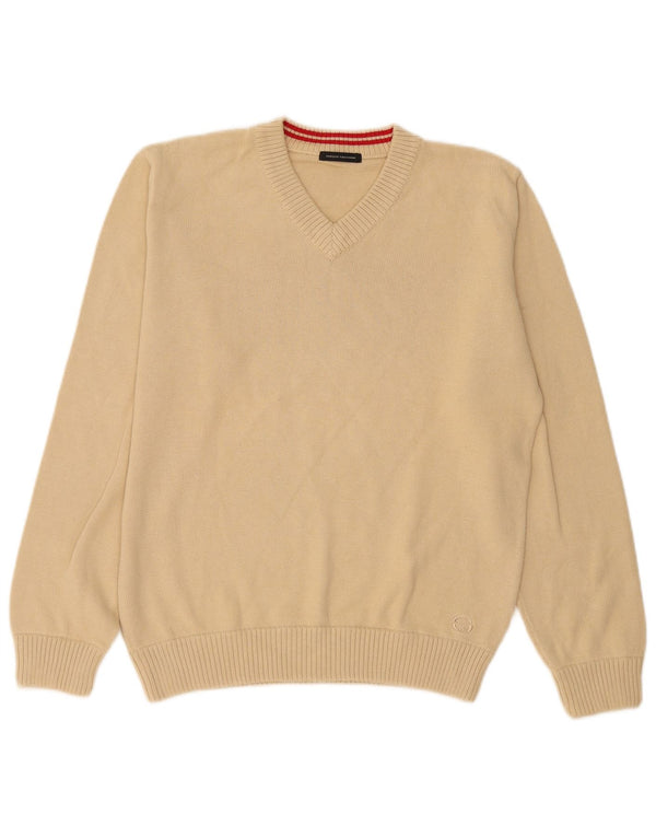 Sergio Tacchini Mens V-Neck Jumper Sweater Small Beige Cotton