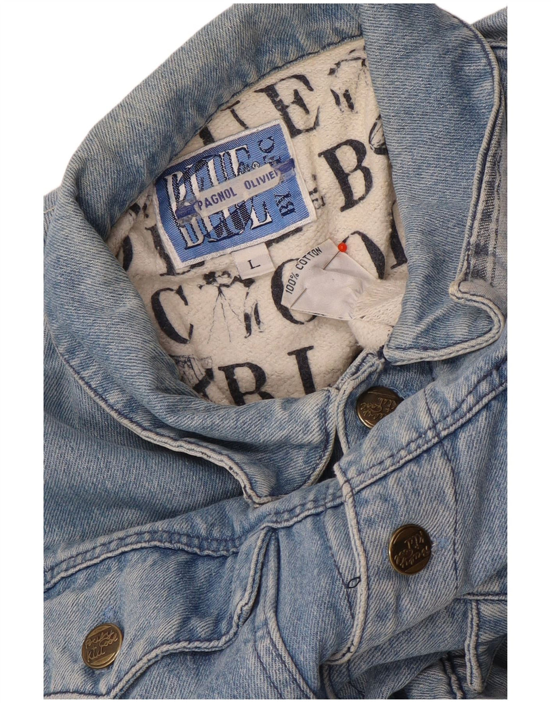 Vintage drenge grafisk denimjakke 11-12 år stor blå bomuld