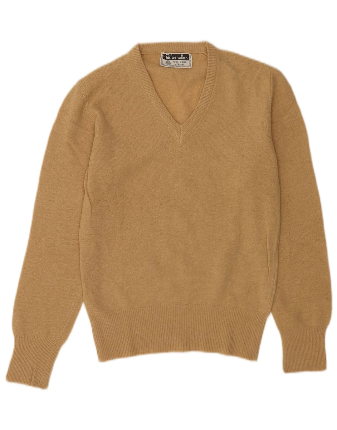 Benetton Dame V-hals sweater UK 10 Small Beige Uld