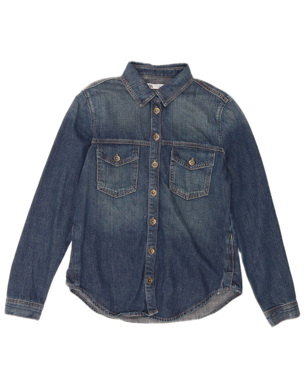Zara Dame Denim Shirt UK 10 Small Blue Cotton