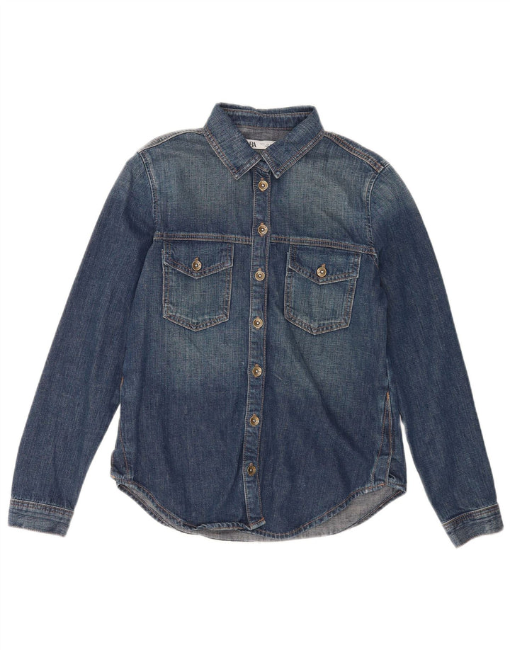 Zara Dame Denim Shirt UK 10 Small Blue Cotton