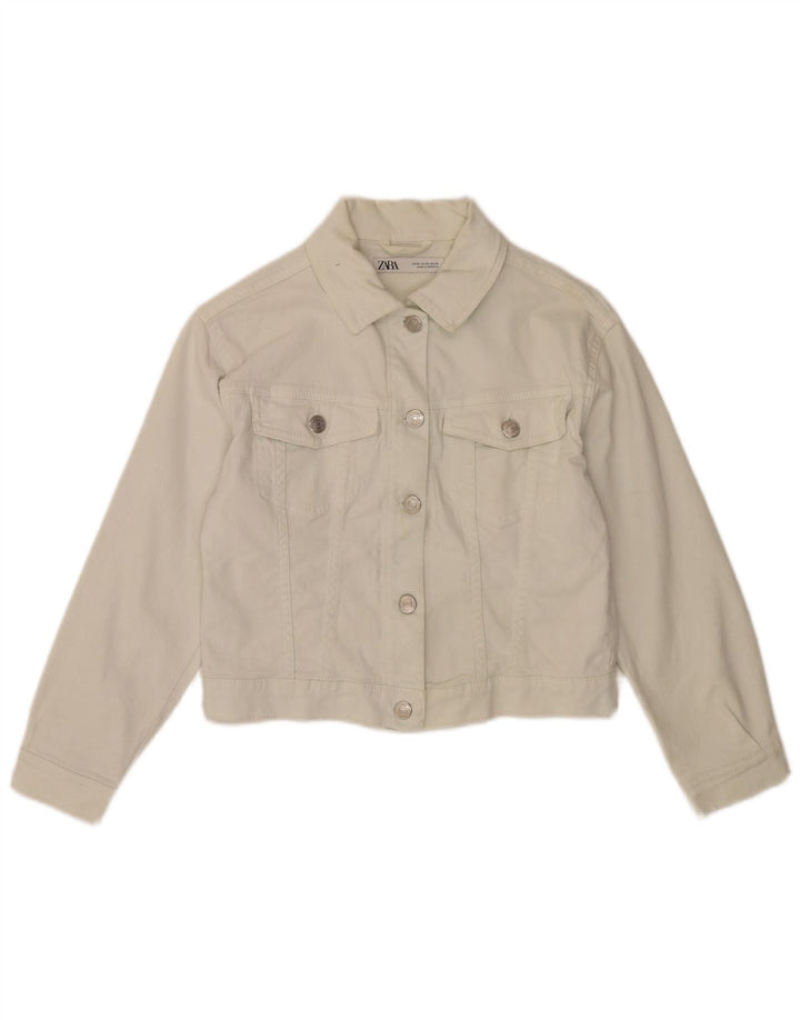 Zara Dame Crop Denim Jacket UK 6 XS Hvid Bomuld