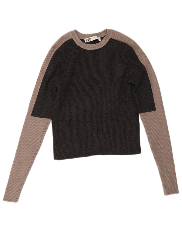 Zara Womens Crop Top Langærmet UK 12 Medium Grey Colourblock Viscose