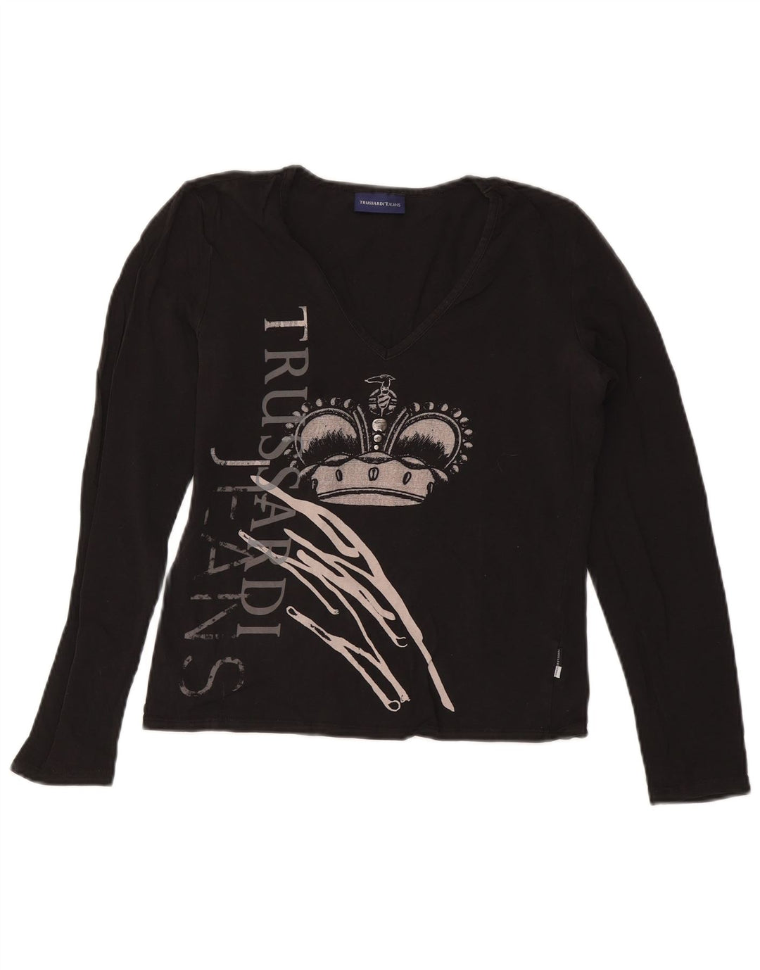 TRUSSARDI JEANS Dame Crop Grafisk Top Langærmet UK 14 Large Black