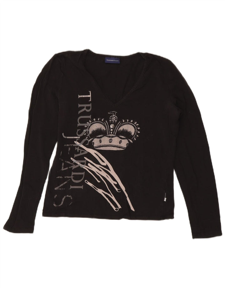 TRUSSARDI JEANS Dame Crop Grafisk Top Langærmet UK 14 Large Black