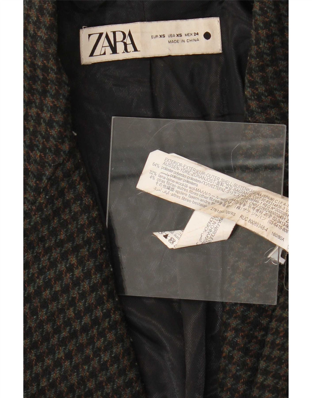 Zara oversize overfrakke til kvinder UK 6 XS Sort Houndstooth Polyester