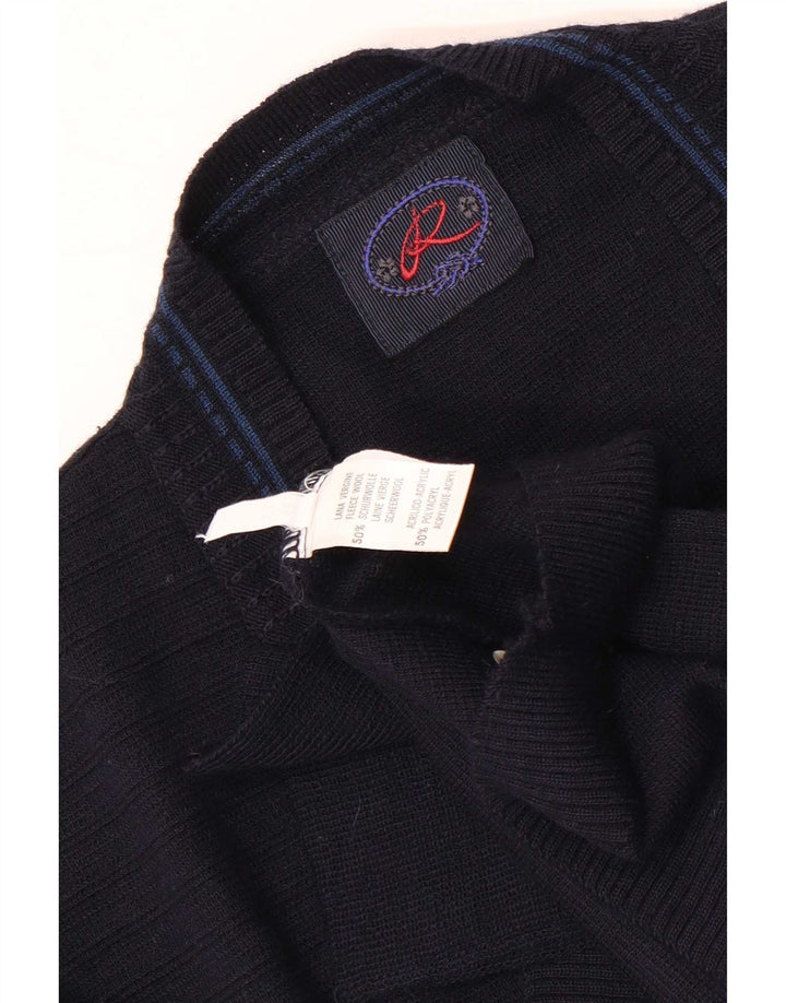 Vintage herre grafisk cardigan sweater XL marineblå uld