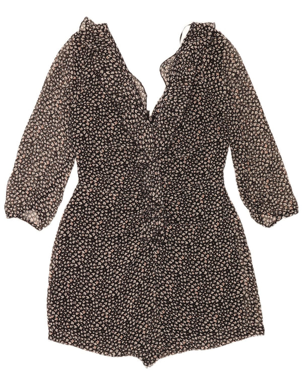 Zara Womens 3/4 Sleeve Playsuit UK 14 Large  Black Floral Polyester