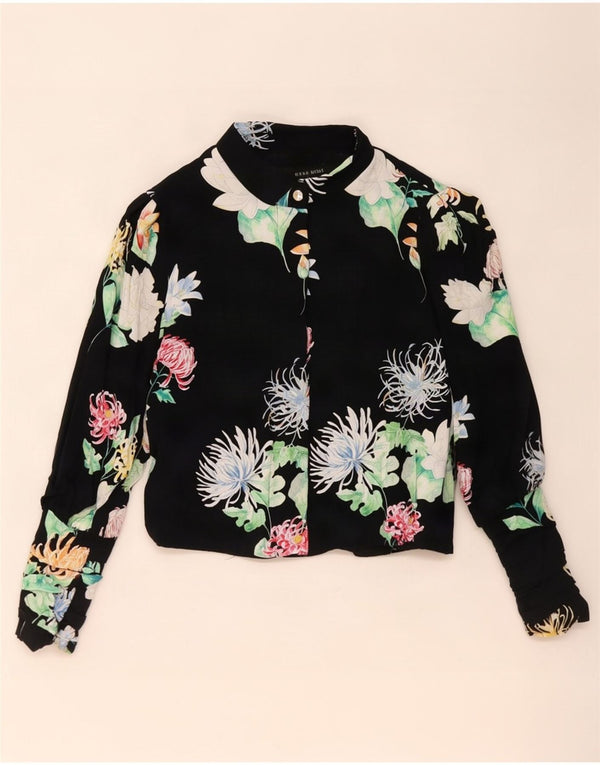 Zara Womens Crop Langærmet Bluse Top UK 10 Small Black Floral Viscose